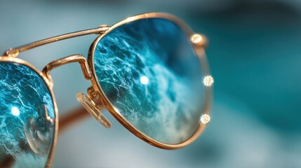 Close-up View of Sunglasses Capturing Ocean Wave Reflections in Bright Blue Hues