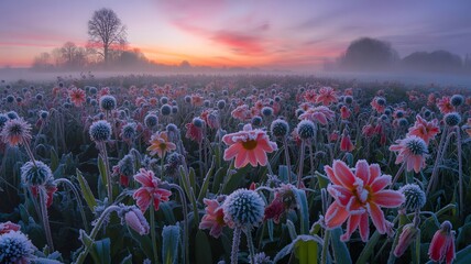 Field of frosted flowers at dawn with trees in the misty distance