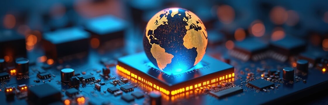 Digital world globe sits on glowing microchip, part of advanced computer circuit board. Global network connection, fast data transfer, modern tech, AI development, secure communication concepts. - Powered by Adobe