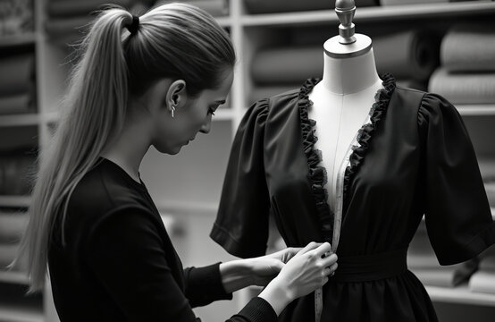 Young woman fashion designer measures black dress on mannequin in studio. Female tailor adjusts garment on dress form. Fashionable clothes creation process in atelier.