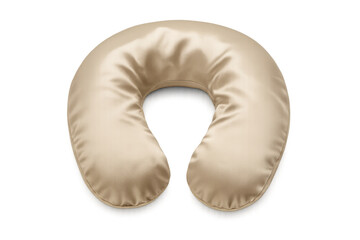Beige satin neck pillow providing comfort and support for travel and sleep, isolated with transparent background