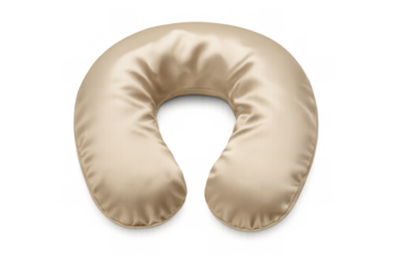 Beige satin neck pillow providing comfort and support for travel and sleep, isolated with transparent background