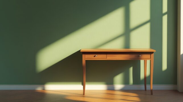 Wooden Desk in Green Room with Sunlight, shadow, interior ,furniture