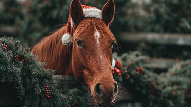 A chestnut horse wearing a Santa hat stands among evergreen branches decorated with pine cones. The scene captures a festive winter atmosphere.