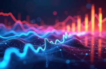 Abstract glowing lines and dots form dynamic data charts and graphs. Visualizations show market trends, sales growth, and performance metrics with colorful data streams.