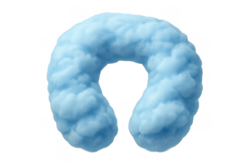 Travel pillow shaped from soft blue clouds symbolizing comfort, relaxation, and dream journeys on transparent background
