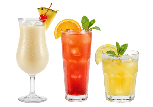 ultra-photorealistic, close-up shot of three heavily frosted summer cocktails (pina colada, punch, citrus drink) garnished with fresh mint on a transparent backdrop. concept for beverage