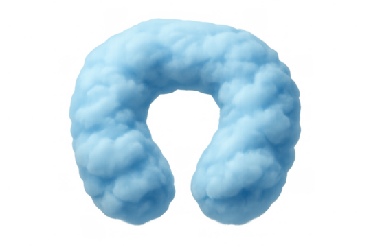 Travel pillow shaped from soft blue clouds symbolizing comfort, relaxation, and dream journeys on transparent background