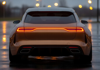 Modern car rear with glowing taillights
