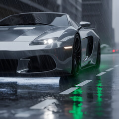 Sports car driving in heavy rain