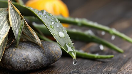 Obraz premium Fresh aloe vera leaves with water drops, natural skincare and wellness concept, organic plant for beauty, health and hydration