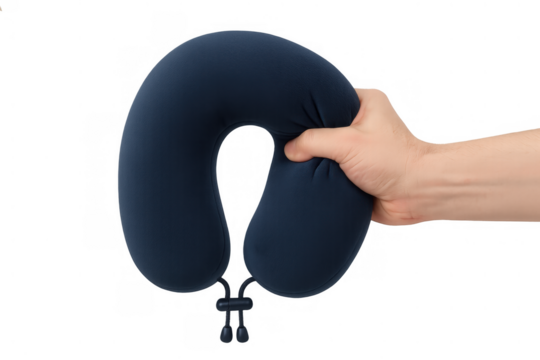 Hand squeezing a dark blue ergonomic u-shaped travel neck pillow for comfortable rest, transparent background