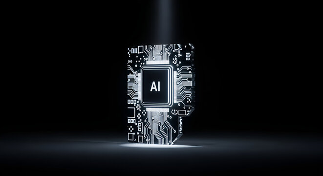 Futuristic AI processor chip glowing in the dark under a beam of light - Powered by Adobe