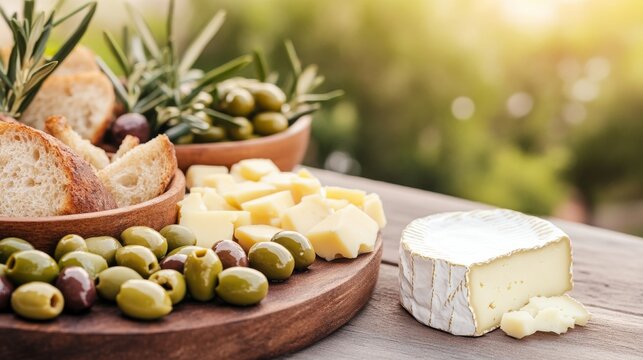 Cheese Board Brie, Cubed Cheese, Olives and Bread on Wood, Appetizer, Gourmet