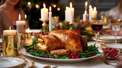 A festive table with roast turkey, candles, and wine. The cozy atmosphere and family celebration make this a perfect photo for Christmas or Thanksgiving.