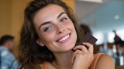 A woman in an orange top smiles, holding a piece of dark chocolate. The warm atmosphere of the café and a moment of enjoyment.