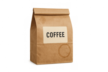 Coffee paper bag with label and coffee stains isolated on transparent background, showing packaging for hot beverages