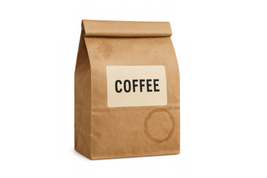 Coffee paper bag with label and coffee stains isolated on transparent background, showing packaging for hot beverages
