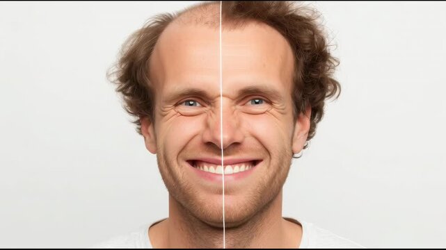 baldness and alopecia concept, portrait of smiling average man 40 years old before and after hair loss treatment	
