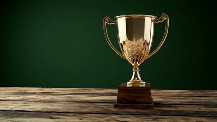 Golden trophy on wooden table against green backdrop showcasing achievement and victory - Powered by Adobe