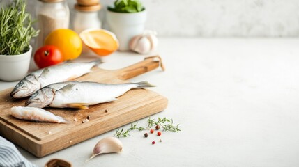 Fresh Fish Prep Sea Bass on Wood Board with Herbs and Citrus, seafood ,recipe
