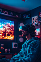 Obraz premium A man wearing a virtual reality headset in front of a television