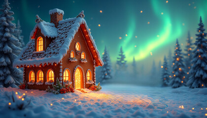 Fototapeta premium Gingerbread house in a dreamy surreal style with Christmas lights and northern lights background