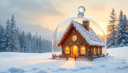 Decorated gingerbread house glowing under a glass dome in watercolor surrealism for artistic Christmas