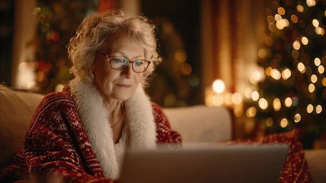 Senior Caucasian woman with curly gray hair, wearing glasses and a red robe, using a laptop in a cozy living room decorated for Christmas.
