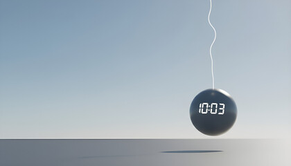 Minimalist digital clock sphere hanging in an abstract light blue void