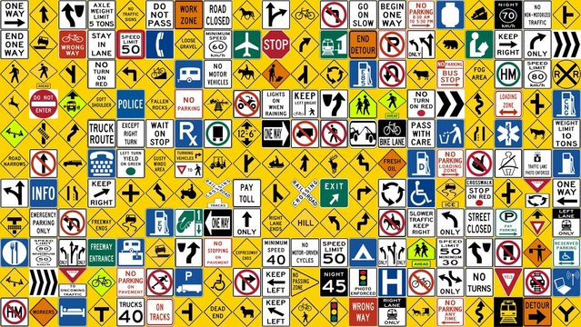 US standard road signs in a grid ideal as a background for driving school and road education