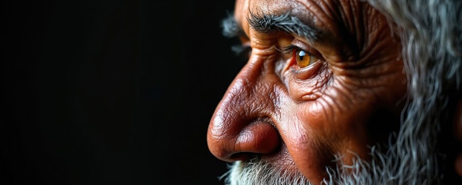 Elderly Indigenous man shows deep thought and contemplation. His weathered face, framed by grey hair, gazes into distance. Represents mental wellness awareness and cultural heritage.
