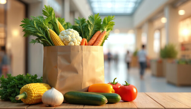 Fresh vegetables like corn, carrots, cauliflower, and tomatoes spill from a brown paper bag. More produce like garlic, zucchini, and peppers rest on a wooden table. Busy shoppers walk in background.