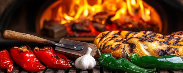 Grilled Veggies Feast Peppers, Squash, Garlic by Fire Oven , BBQ , vegetables