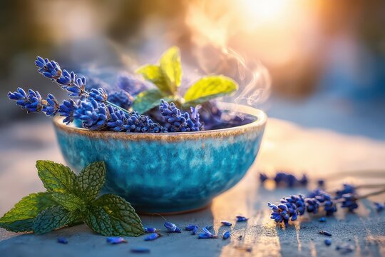 Steaming lavender and mint herbs in a rustic blue bowl for a calming aromatherapy session.