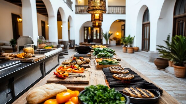 Grilled Veggie Feast Outdoor Buffet with Rustic Charm and Hanging Lanterns, vegetarian , gourmet - Powered by Adobe