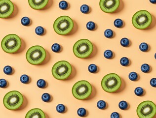 Fototapeta premium Kiwi slices and blueberries forming fruit pattern background