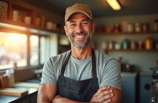Bearded man in apron smiles in food truck kitchen. He owns a mobile eatery serving burgers and hot dogs. Business owner works day and night at his colorful vehicle.