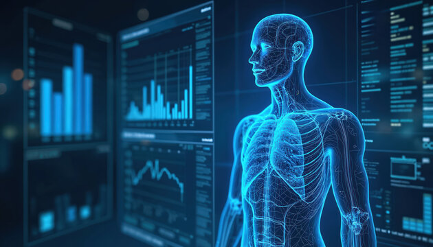 Blue glowing human anatomy model displayed with charts and graphs on screens. Digital health tech analyzes patient data for diagnosis and treatment plans.