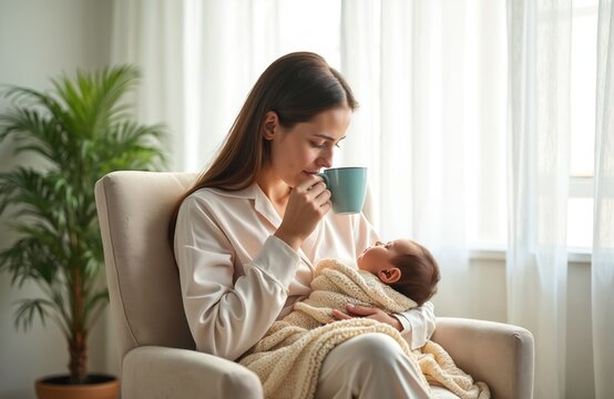 Woman sips coffee while holding swaddled infant. Mother and baby bond in armchair near window. Gentle moment of maternal care and early childhood connection.