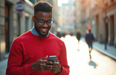 Smiling Black man wears red sweater and glasses typing on smartphone outdoors. He stands on city street with blurred background people. Casual communication, urban lifestyle, tech use.