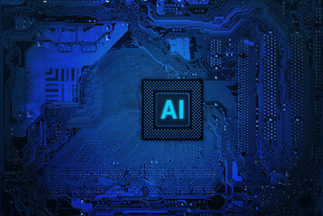 Artificial intelligence processor chip on blue motherboard, futuristic AI technology background representing machine learning, data processing and digital innovation concepts