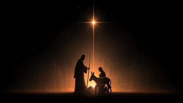 In a peaceful setting, a nativity scene depicts the birth of Jesus. A radiant star shines above Mary and Joseph, surrounded by a donkey. This moment captures joy and hope.