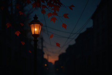 Warm Lantern Glow on Autumn Evening. Vintage Streetlight Illuminating Scattered Leaves and Dark Sky at Dusk.