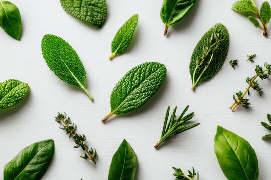 Vibrant collection of fresh organic culinary herbs on a clean white background.