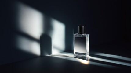 Elegant glass perfume bottle with dramatic lighting and shadows