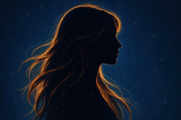 Backlit Woman Profile with Glittering Hair Against Dark Blue Background