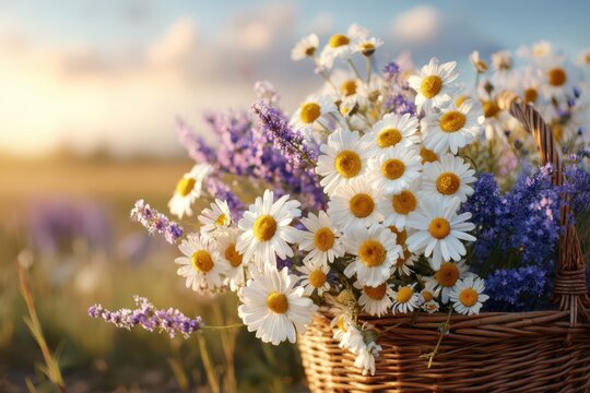 Wicker basket with fresh daisies and lavender in a golden sunlit field background.