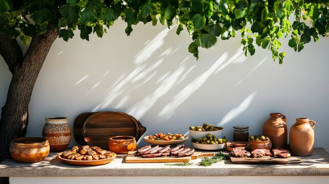 Mediterranean Feast Grilled Meats, Olives and Rustic Pottery, Outdoor Dining, Appetizers