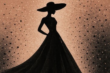 Elegant Woman Silhouette in Hat & Gown Against Shimmering Glitter Background Texture